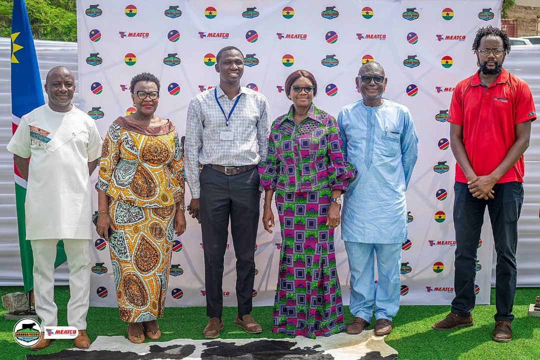Thomas Abanga (left), CEO, Abanga Farms & Food Systems with Selma Ashipala Musavyi (2nd left), Namibia High Commissioner to Ghana, Dr Benjamin Sasu (3rd left), Head of Food Safety Veterinary Services Directorate, Mrs Chariti Gbadawo (3rd right), Director, Ministry of Foreign Affairs & Regional Integration and other dignitaries at the event. Abanga Farms
